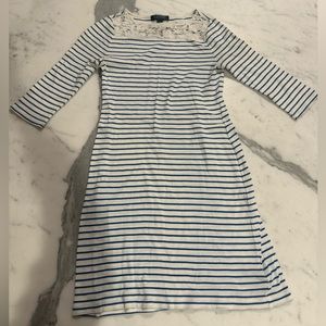 beachy white and blue stripped dress, mini, with beautiful lace neckline.